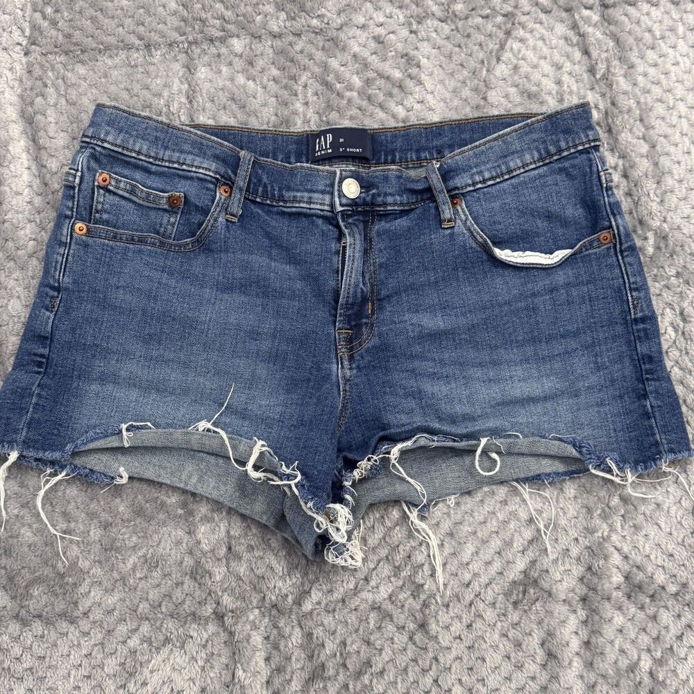 GAP Shorts Womens 31 Blue Denim Frayed Hem Distressed Cutoff High Rise Casual